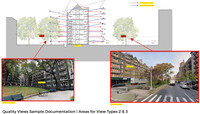 an annotated architectural drawing and two photographs, partially demonstrating compliance with green building requirements for quality views.