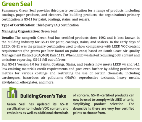 Green Seal section from BuildingGreen Guide to Building Product Certifications & Ecolabels