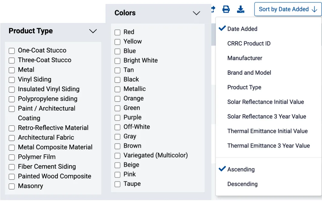 filters for various cool-wall material types as well as some data-sorting options